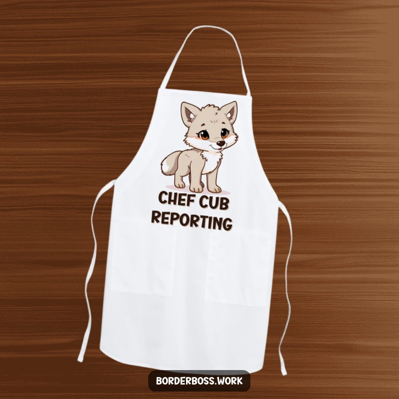 Funny playful wolf cub standing proudly at attention, a humorous kitchen apron design for chefs.