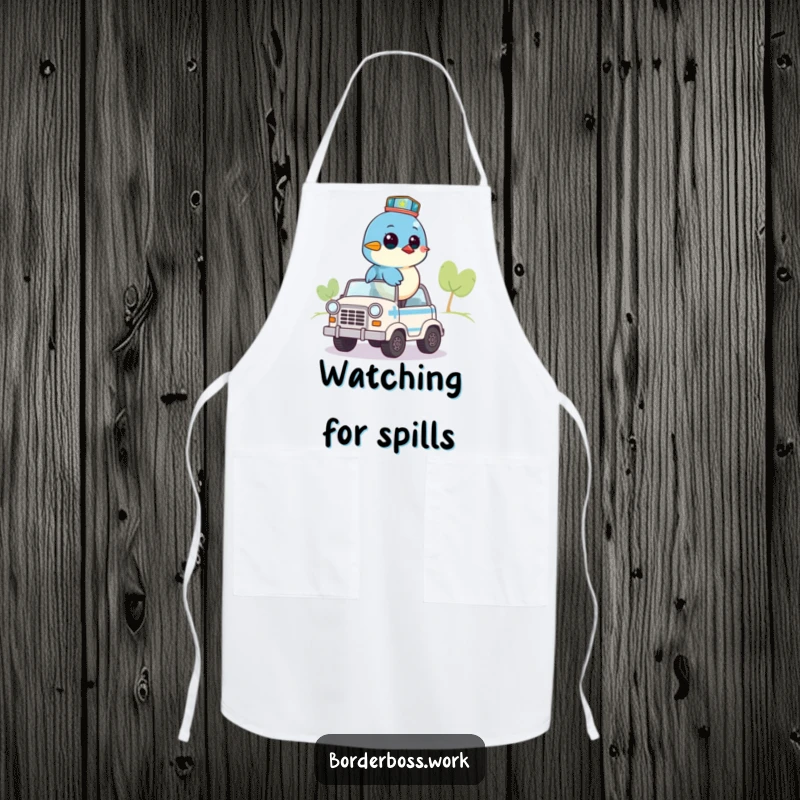 Funny apron featuring a bluebird on a small patrol vehicle, surveying the area, a humorous and practical kitchen essential.