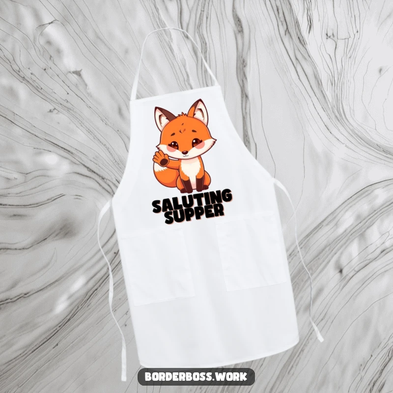 Funny apron featuring a playful red fox in uniform, giving a tiny paw salute, a charming and practical kitchen essential.