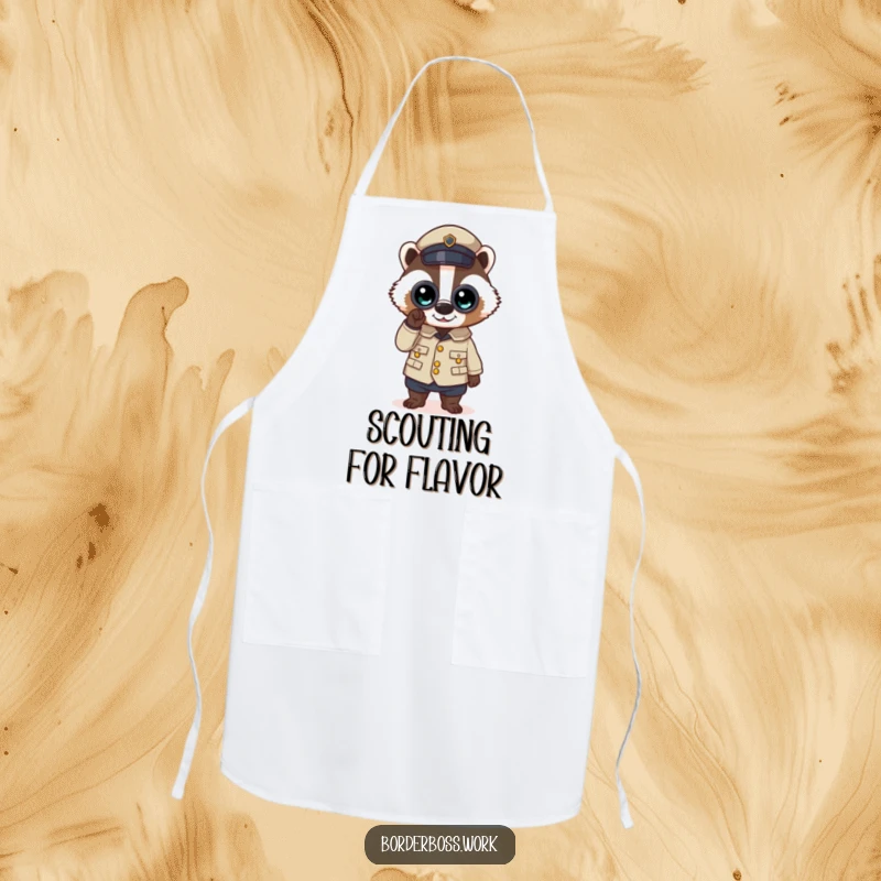 Funny apron with a determined badger in a crisp uniform, binoculars held high, a humorous kitchen essential.
