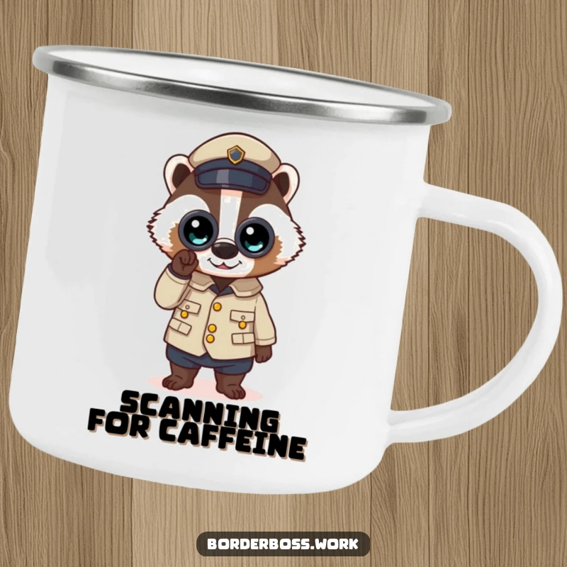 Funny camping mug featuring a determined badger in uniform, binoculars scanning the wilderness, a rugged and humorous travel buddy.