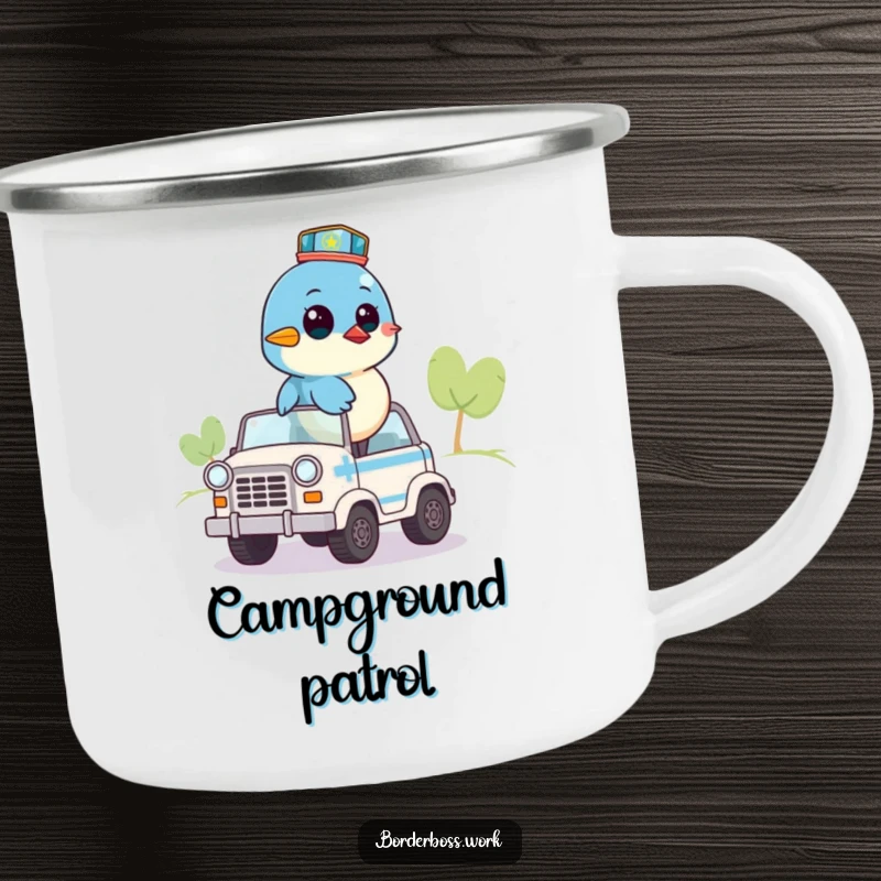 Funny camping mug featuring a bluebird on a small patrol vehicle, surveying the area, a durable and humorous travel companion.