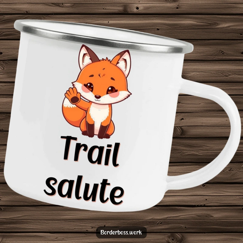 Funny camping mug featuring a playful red fox in uniform, giving a tiny paw salute, a delightful and durable travel companion.