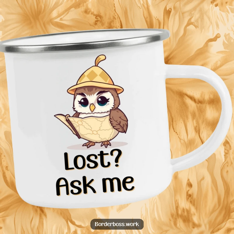 Funny owl in a tiny hat, consulting a map outdoors, a humorous and sturdy camping mug design for adventurers.