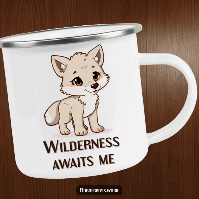 Funny playful wolf cub standing proudly at attention, a humorous and sturdy camping mug design.
