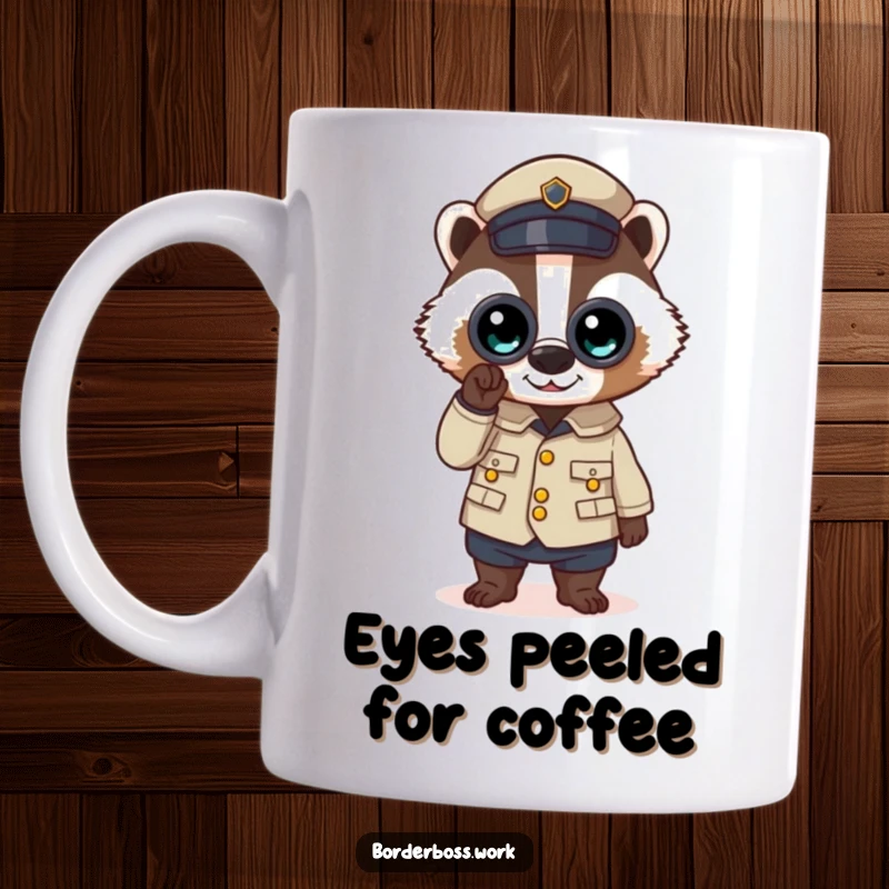 Funny mug featuring a determined badger in a crisp uniform, peering intently through binoculars, ready for duty.