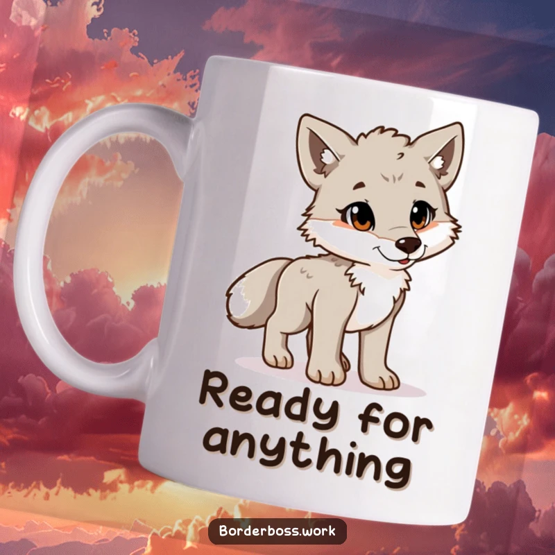 Funny playful wolf cub standing at attention with a proud posture, a fearless and humorous character on this mug.