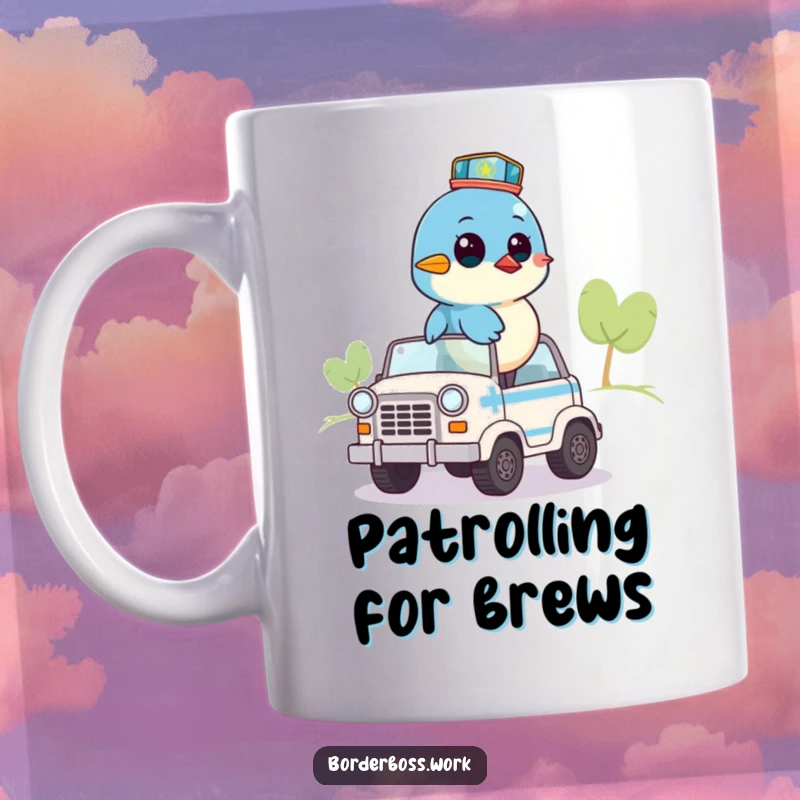 Funny mug with a bluebird perched on a small patrol vehicle, surveying the area with keen, humorous attention.
