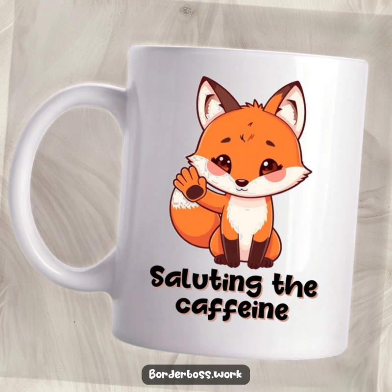 Funny mug depicting a playful red fox in a uniform, saluting with a tiny paw, radiating adorable charm.