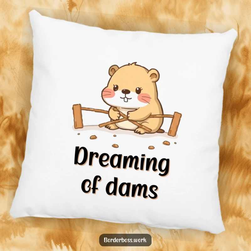 Funny diligent beaver constructing a border crossing, a humorous and soft pillow design.