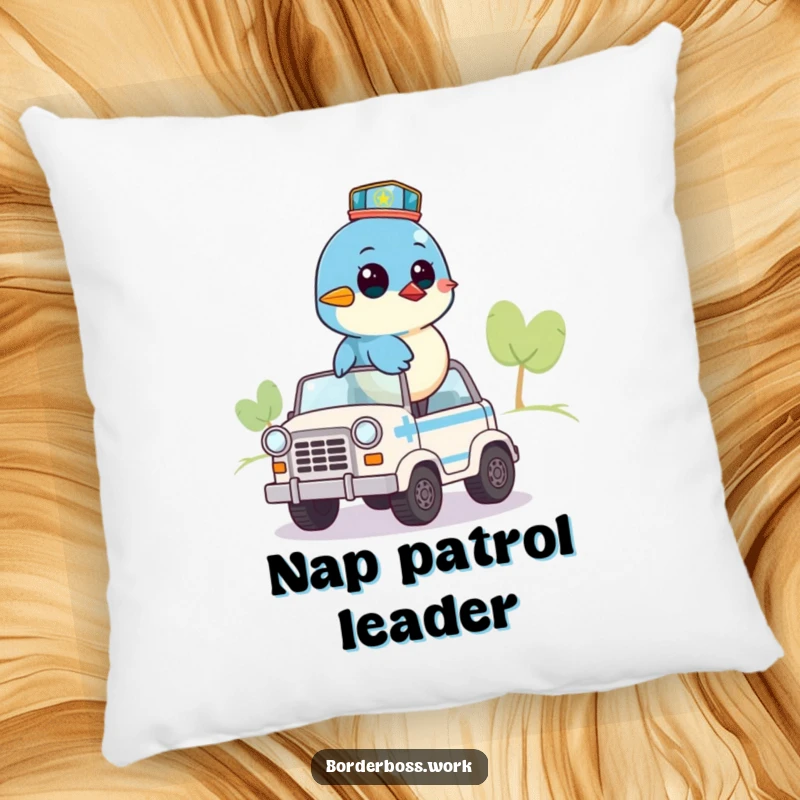 Funny pillow showcasing a bluebird on a small patrol vehicle, surveying the area, a soft and humorous decorative item.