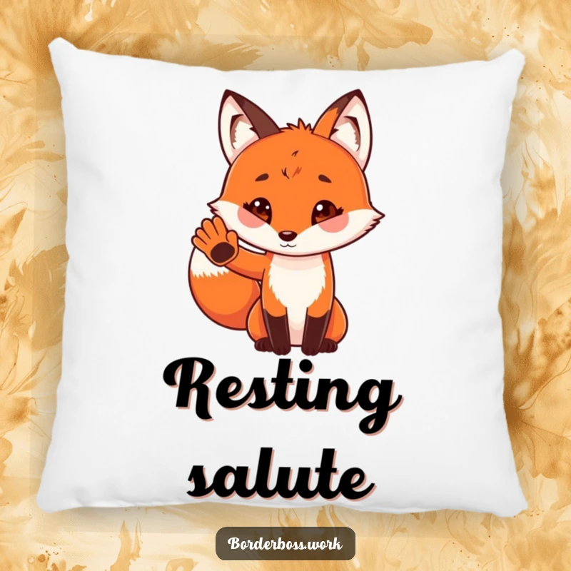 Funny pillow showcasing a playful red fox in uniform, offering a tiny paw salute, a soft and delightful decorative piece.