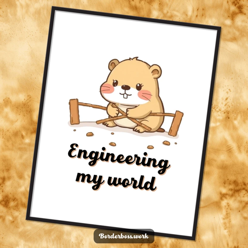 Funny diligent beaver constructing a miniature border crossing, high-resolution digital art print.