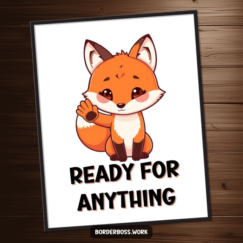 Funny digital art print of a playful red fox in uniform, giving a tiny paw salute, a charming and cheerful illustration.