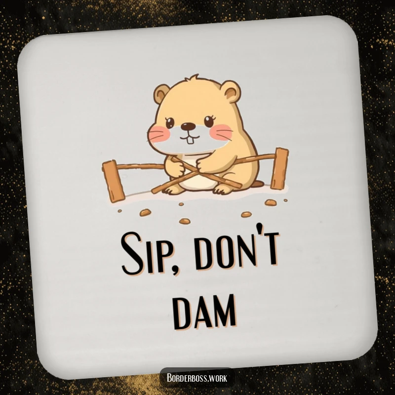 Funny diligent beaver constructing a border crossing, a humorous and protective drink coaster design.
