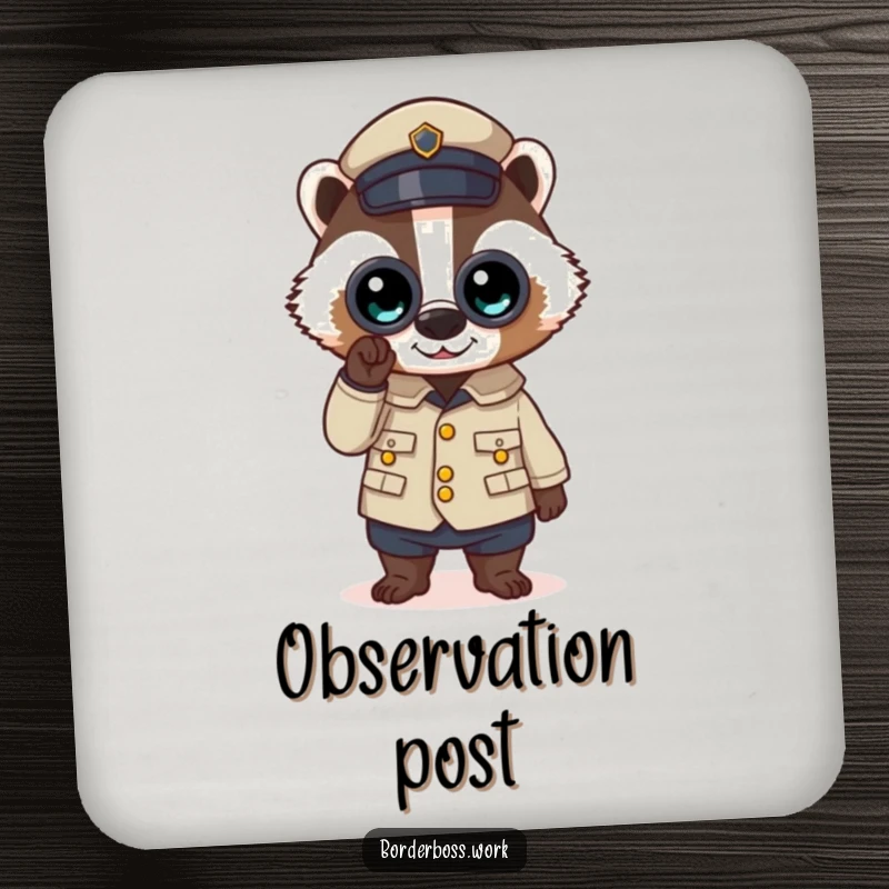 Funny drink coasters with a determined badger in uniform, binoculars ready, a humorous and protective accessory.