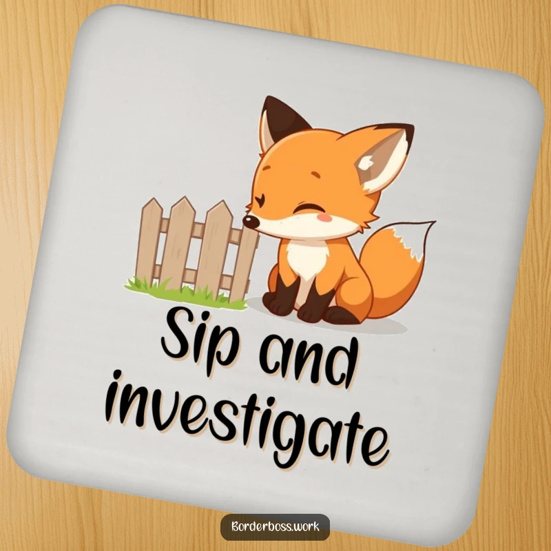 Funny curious fox peering at a tiny fence, a humorous and protective drink coaster design.