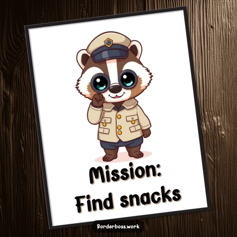 Funny poster of a determined badger in a crisp uniform, peering through binoculars, capturing a moment of focused humor.