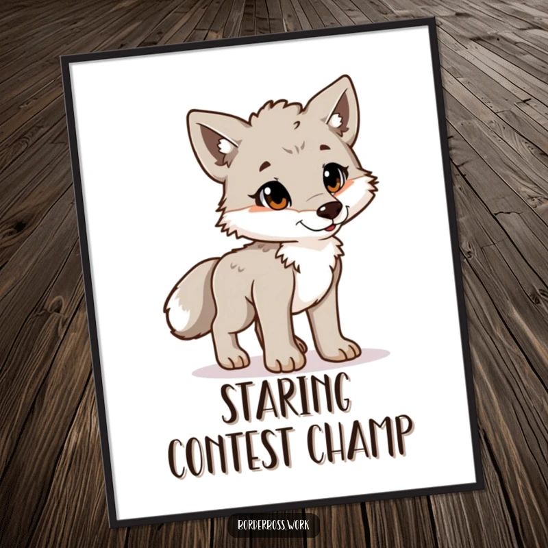 Funny playful wolf cub in a proud posture at attention, a humorous and bold art print for wall decor.