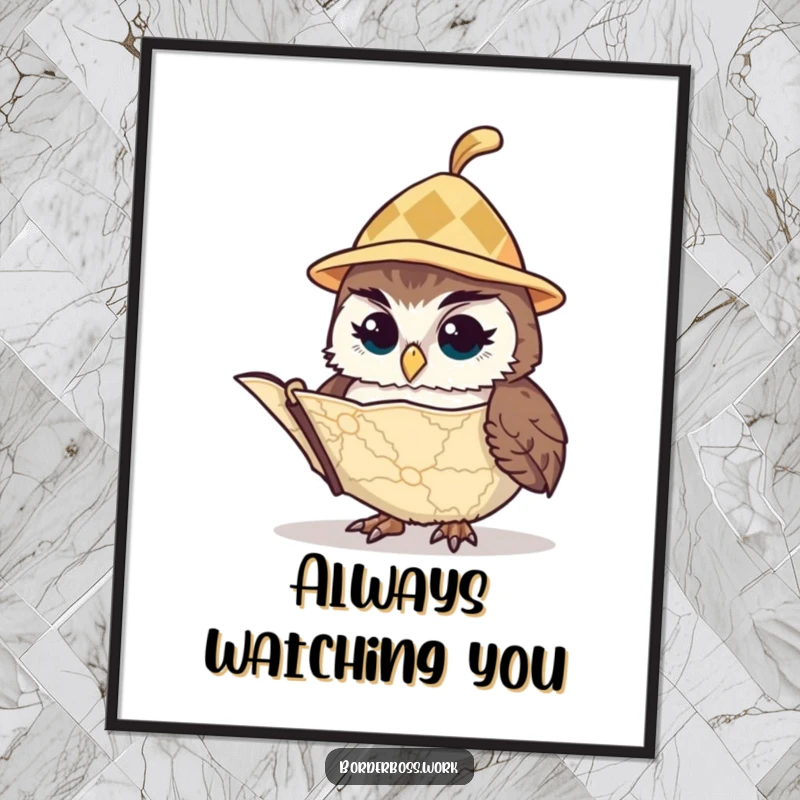 Funny owl wearing a miniature hat, carefully examining a map, a humorous and vigilant character featured on this art print.