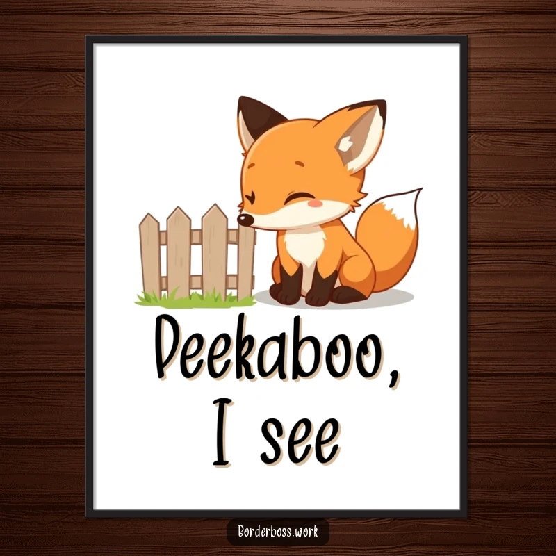 Funny curious fox with a twinkle in its eye, inspecting a tiny fence, humorous art print for wall decor.