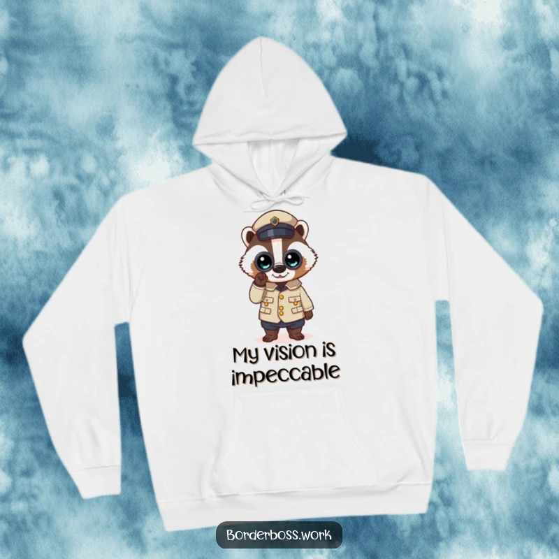 Funny hoodie depicting a determined badger officer in uniform, scanning with binoculars, a cozy and humorous statement piece.