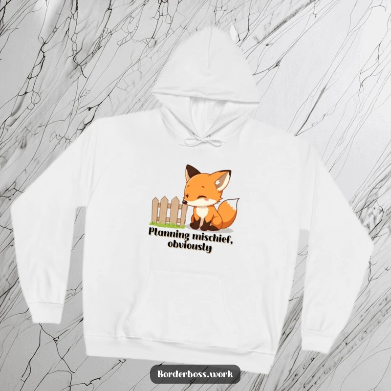 Funny and curious fox cautiously inspecting a miniature fence with a twinkle in its eye, depicted on this hoodie.