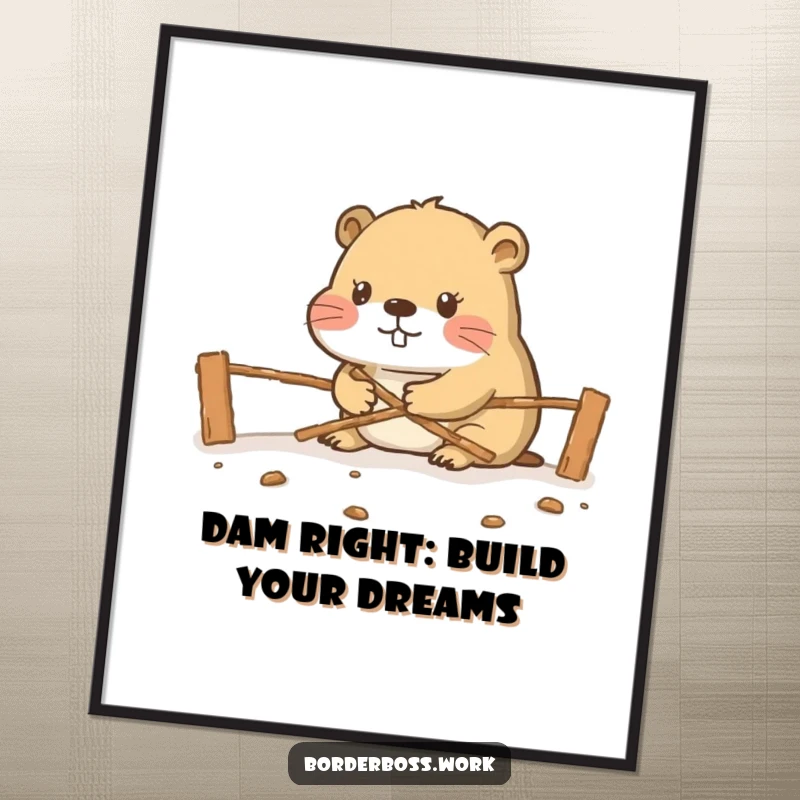 Funny Free Printable Wall Art: Diligent beaver meticulously constructs a miniature border crossing, adding a touch of industrious humor.