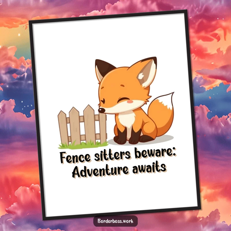 Funny Free Printable Wall Art: Curious fox with a mischievous twinkle inspects a tiny fence, adding charm to any room.