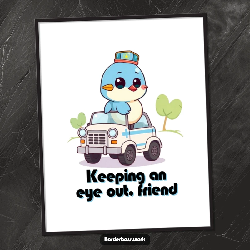 Funny Free Printable Bluebird Wall Art: A bluebird on a patrol vehicle surveying the area with style.