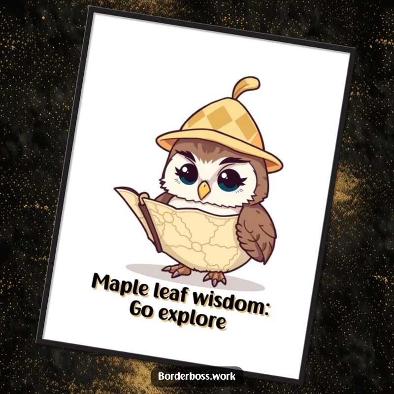 Funny Free Printable Wall Art: Vigilant owl with a tiny hat peers at a map, offering a touch of scholarly humor.