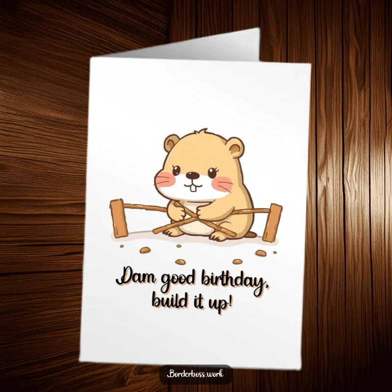 Funny Free Printable Birthday Card: Diligent beaver meticulously builds a miniature border crossing, ready for birthday celebrations.