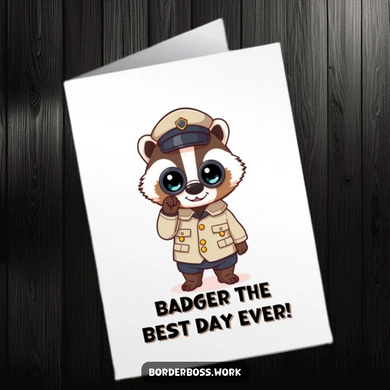 Funny Free Printable Badger Birthday Card featuring a determined badger in uniform peering through binoculars, ready for duty.