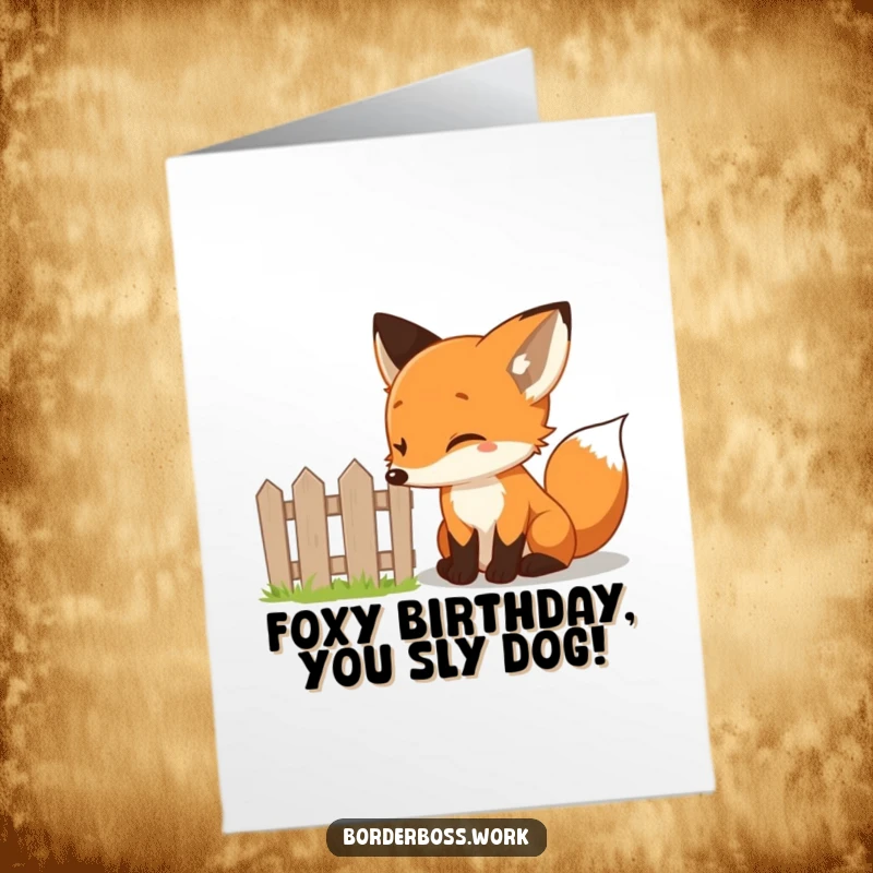 Funny Free Printable Birthday Card: Curious fox with a twinkle inspects a tiny fence, planning a birthday surprise.