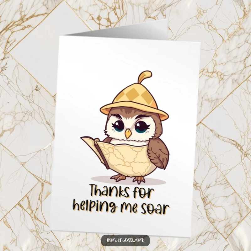 Funny Free Printable Thank You Card: Owl in a hat intently studies a map, showing directional thanks for a good deed.