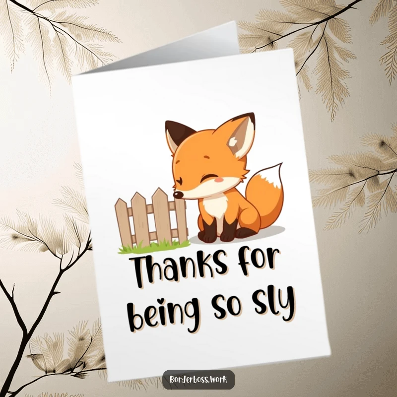 Funny Free Printable Thank You Card: Curious fox examines a tiny fence with a twinkle, sending thankful wishes.