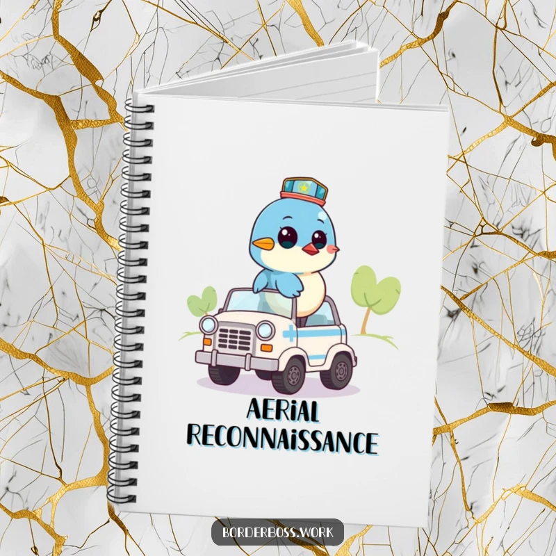 Funny notebook with a bluebird on a small patrol vehicle, surveying the area, perfect for jotting down notes and observations.