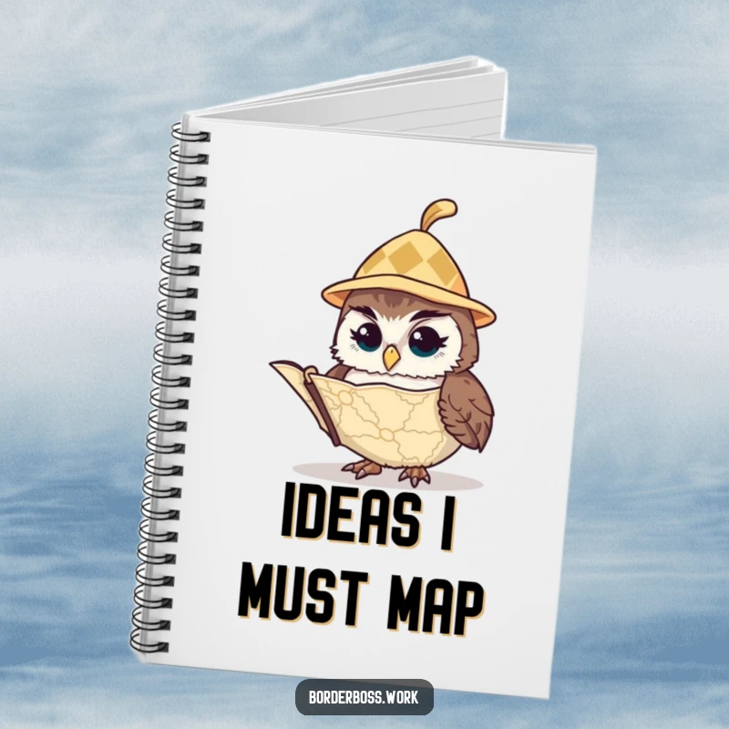 Funny owl in a tiny hat, peering at a map, a humorous notebook cover for jotting down notes and ideas.