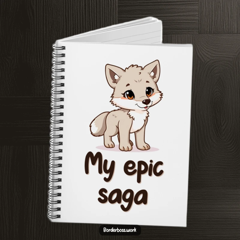Funny playful wolf cub standing at attention, a humorous notebook cover for writing bold ideas.