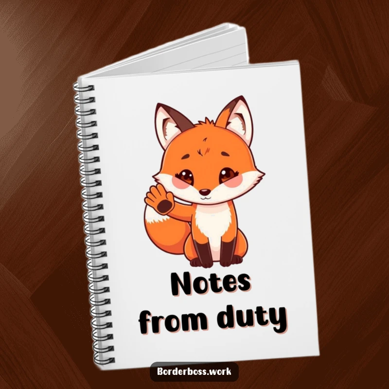 Funny notebook with a playful red fox in uniform, giving a tiny paw salute, perfect for jotting down notes and fun ideas.