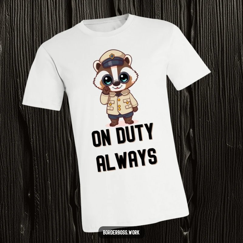 Funny t-shirt with a determined badger in a crisp uniform, holding binoculars, looking out with focus and humor.
