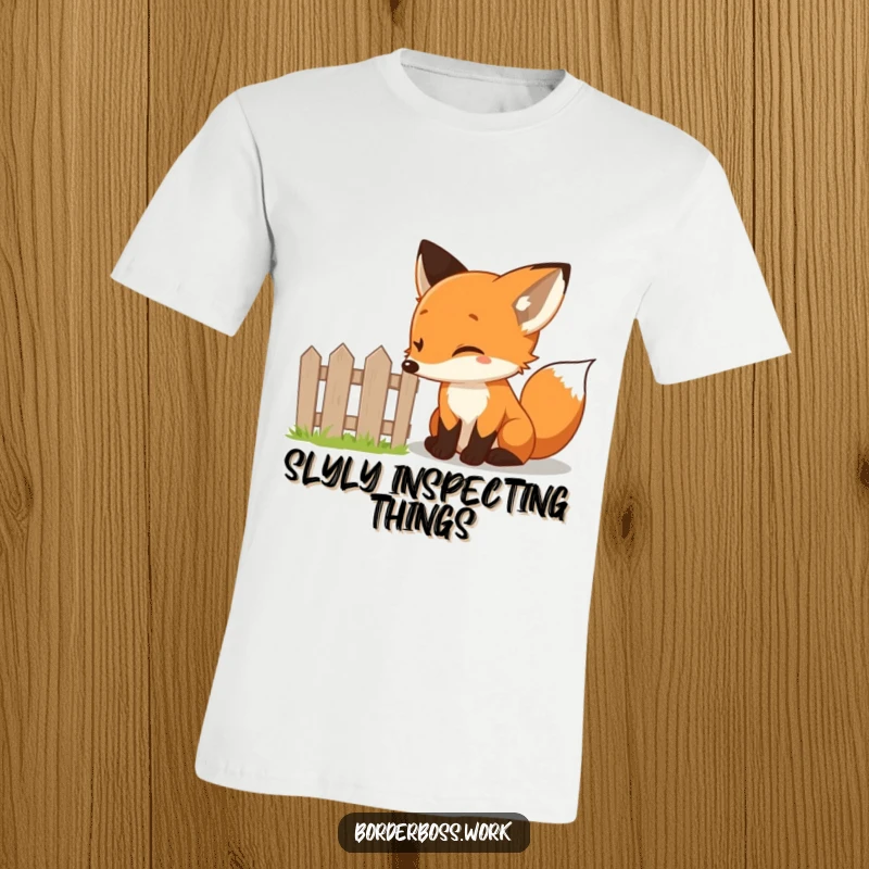 Funny curious fox inspecting a small fence with a knowing twinkle, a humorous and sneaky creature on this t-shirt.