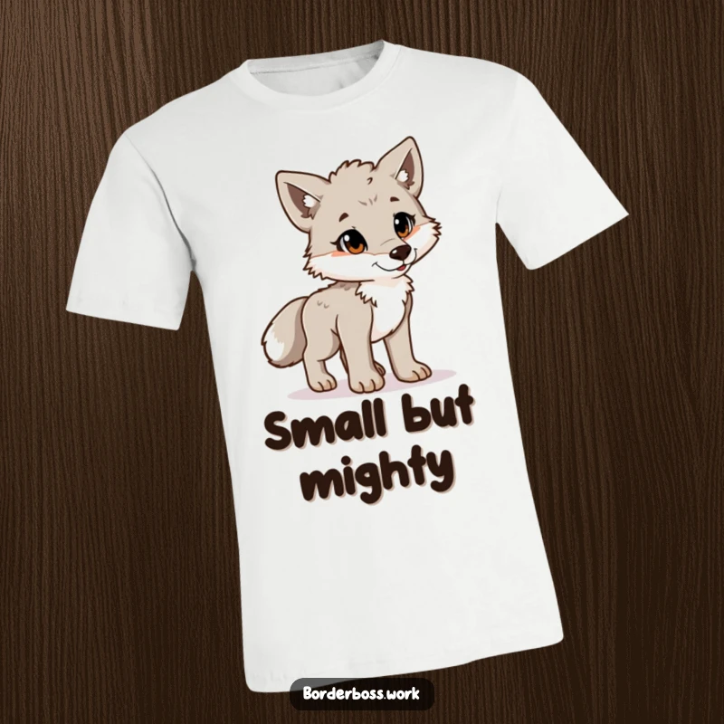 Funny, playful wolf cub in a proud posture at attention, a humorous and spirited creature on this t-shirt.
