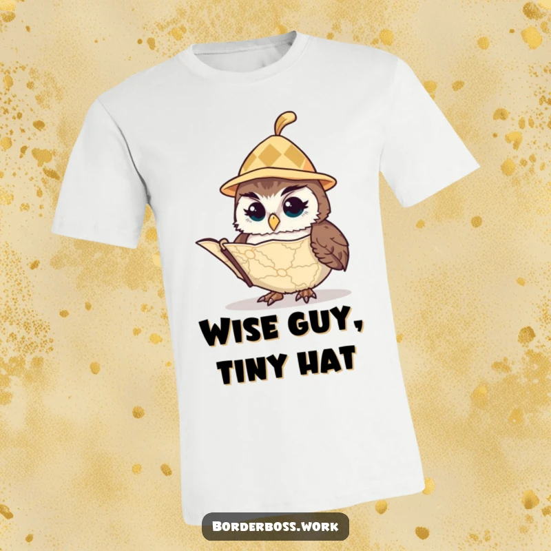 Funny vigilant owl wearing a tiny hat, peering at a map, a humorous and scholarly creature on this t-shirt for gifting.