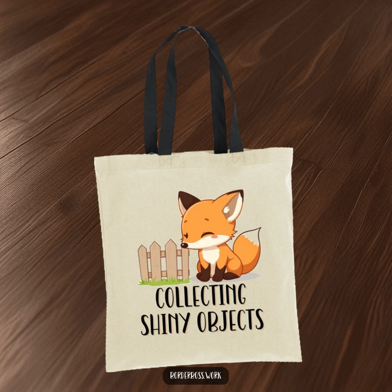 Funny curious fox peering at a tiny fence with a twinkle, a humorous and functional tote bag design.